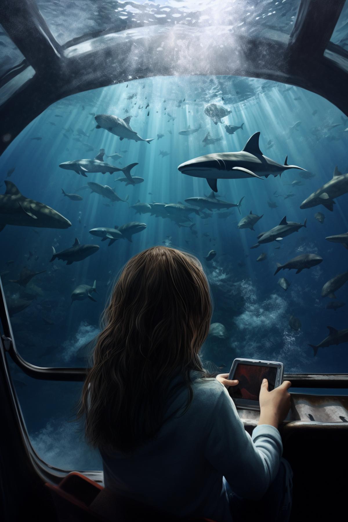 girl with a camera watching a group of sharks aboard a boat, in the style of photo-realistic landscapes, high quality photo