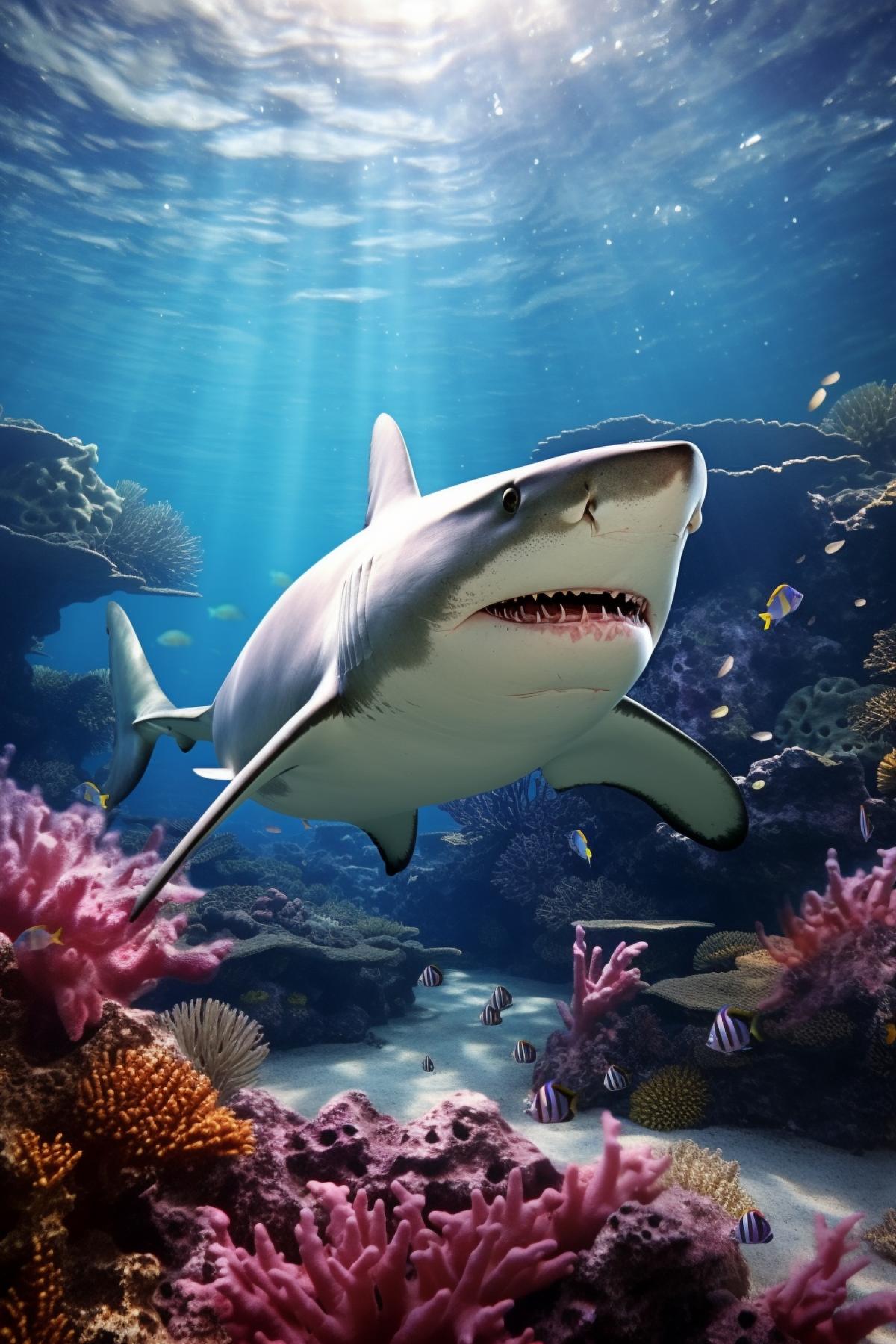 Shark swims among the coral reef, hyper-realistic photo, 8k, ultra-realistic image quality, Nikon