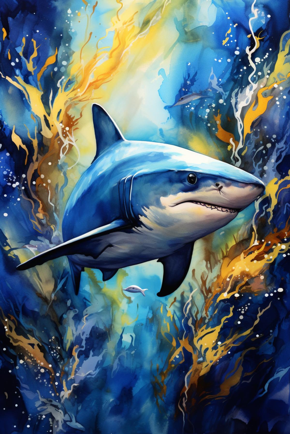 impressionist painting of blue shark in alcohol ink gold accents Iridescent inks Image