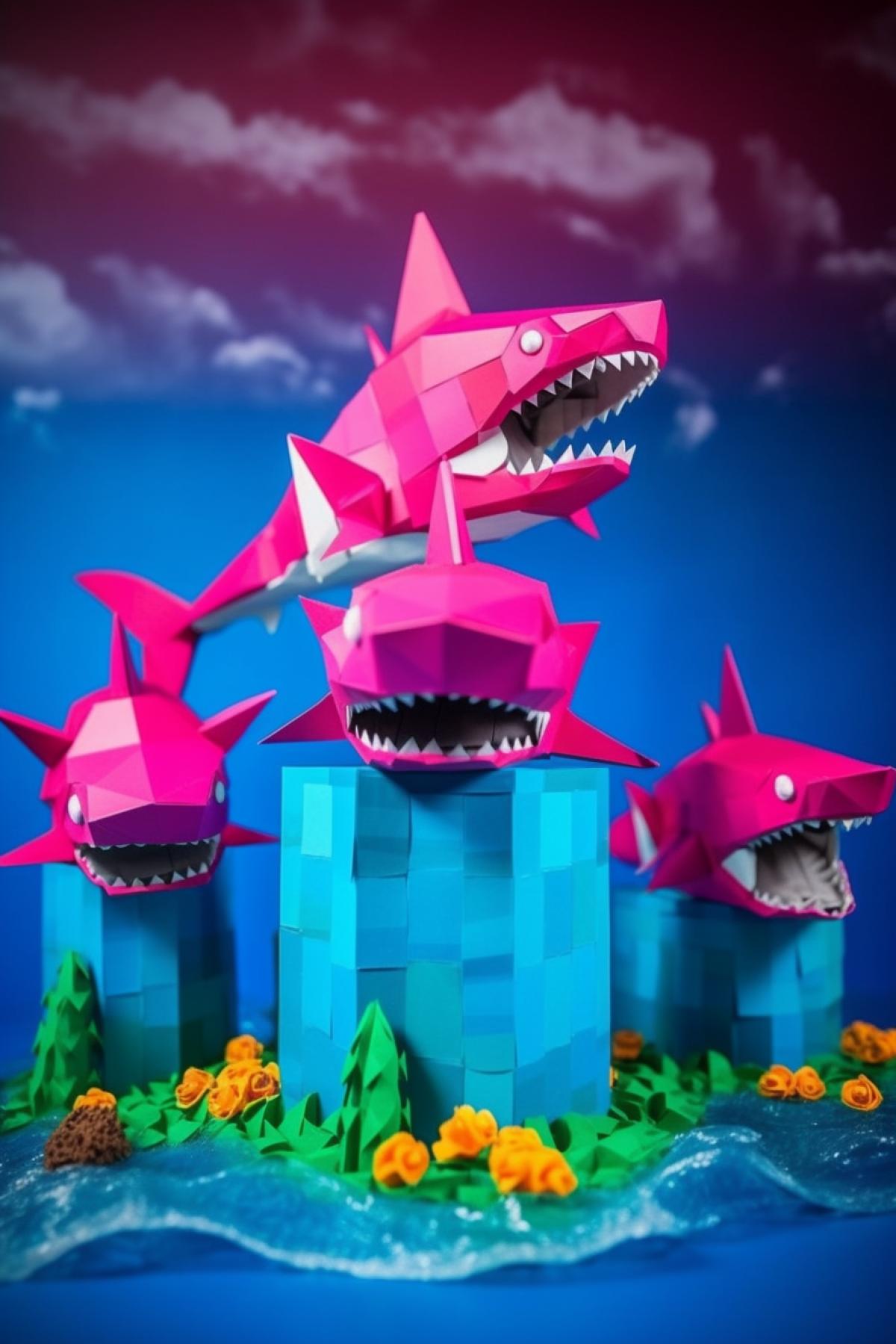 Origami sharks under water