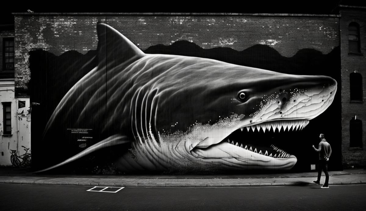 shark, street art, dark and white.