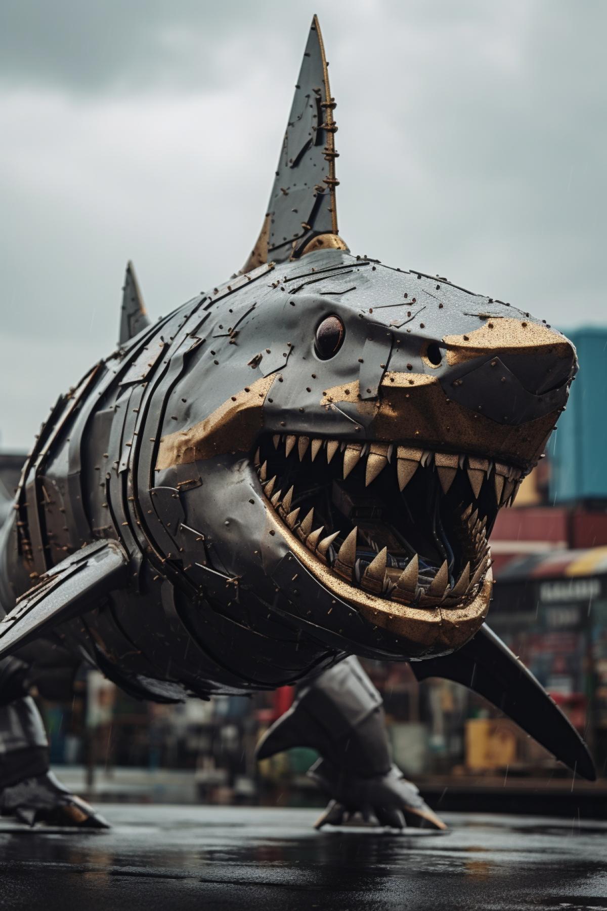 Giant Shark Sculpture made of metal plates in the center of a metropolis, shot in overcast weather