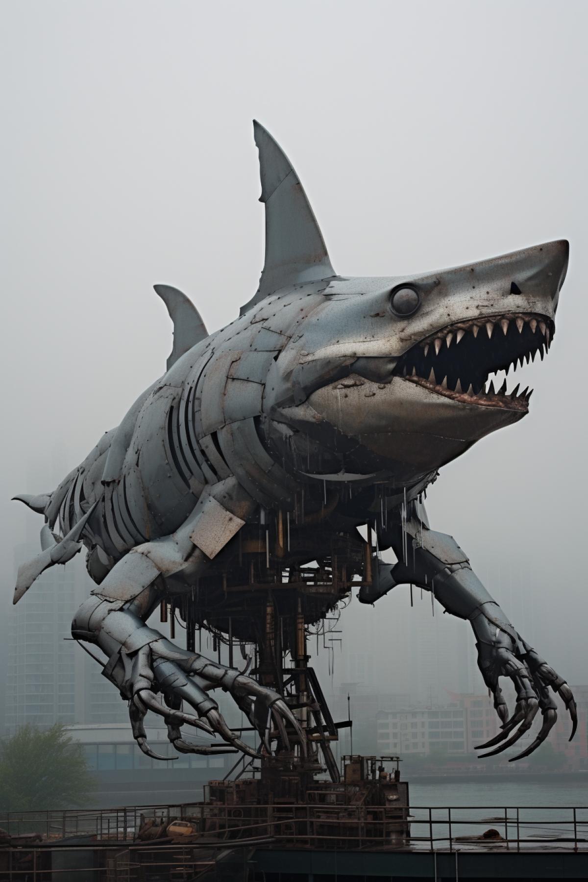 Giant Shark Sculpture made of metal structures in the center of a metropolis, distant background, shot in overcast weather