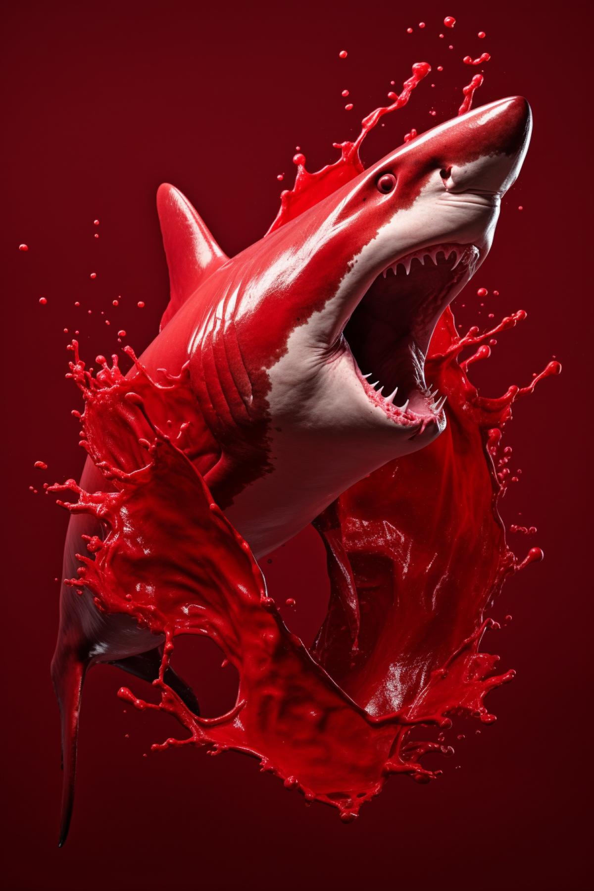 Side view trippy terrible aggressive horrible fast shark painted red color in red water on red background beautiful thrilling awarded photo dynamics splashes