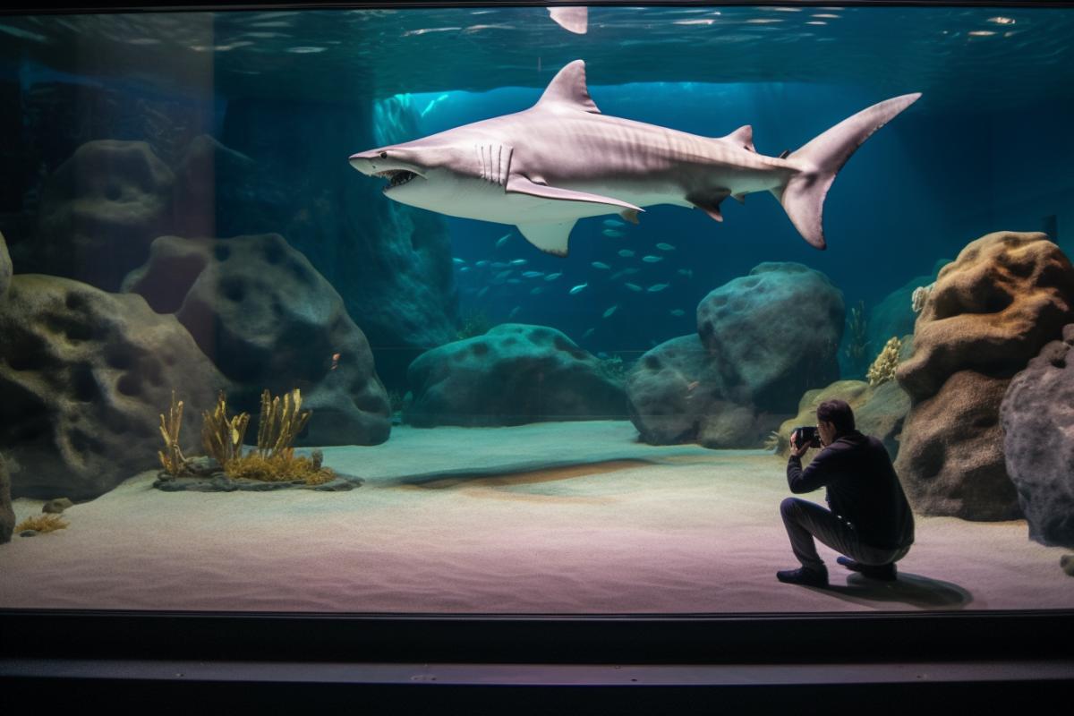 a shark in an aquarium that a photographer is trying to photograph