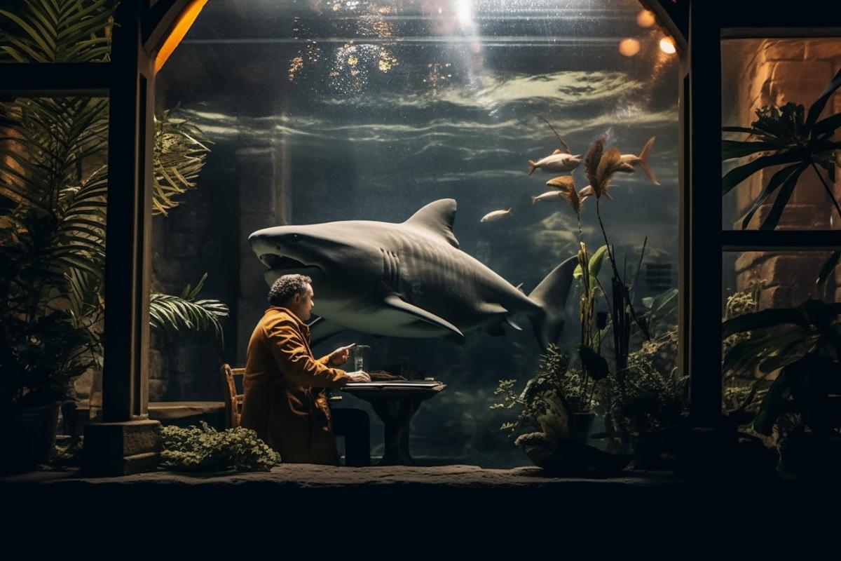 a shark in an aquarium that a photographer is trying to photograph