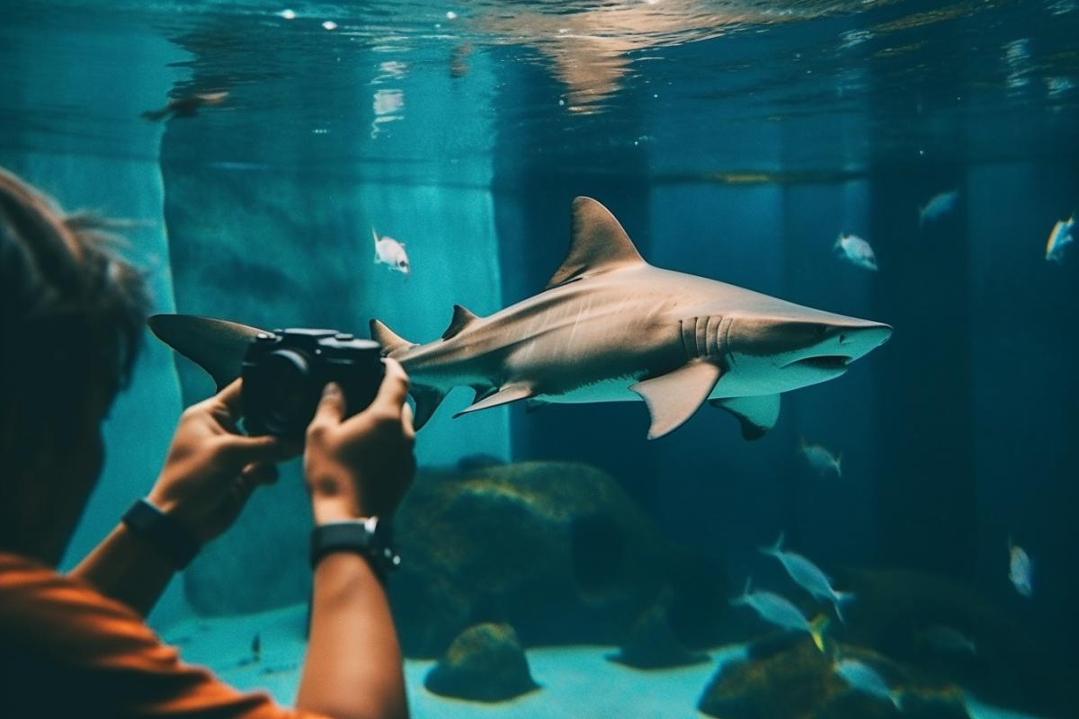 a shark in an aquarium that a photographer is trying to photograph