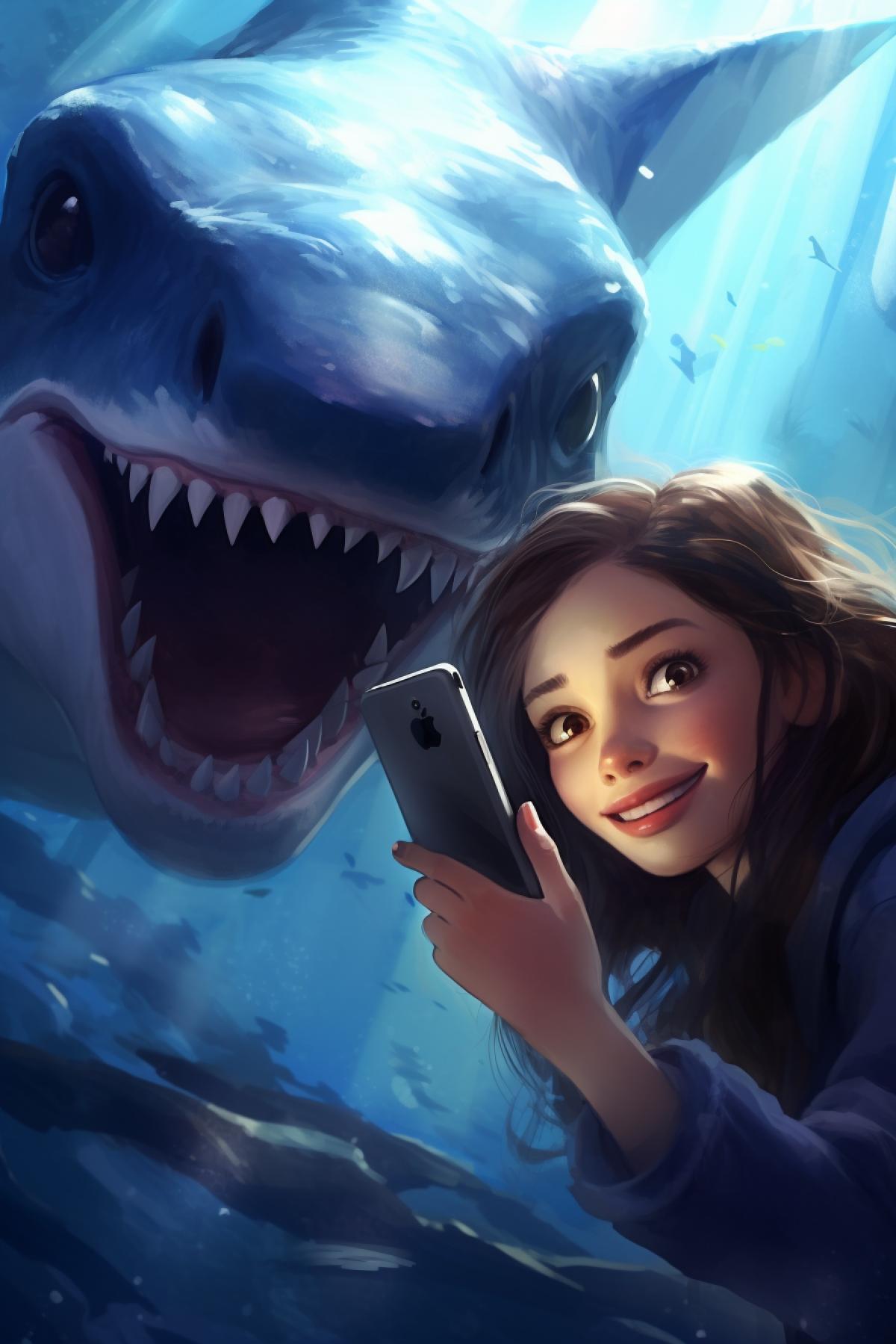 Selfie of a beautiful girl with a cute shark