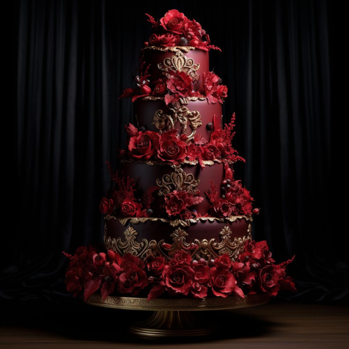 dark and red monocolor wedding cake, hyperdetailed, realistic, many layers, ornate, shiny, food photography, 16k