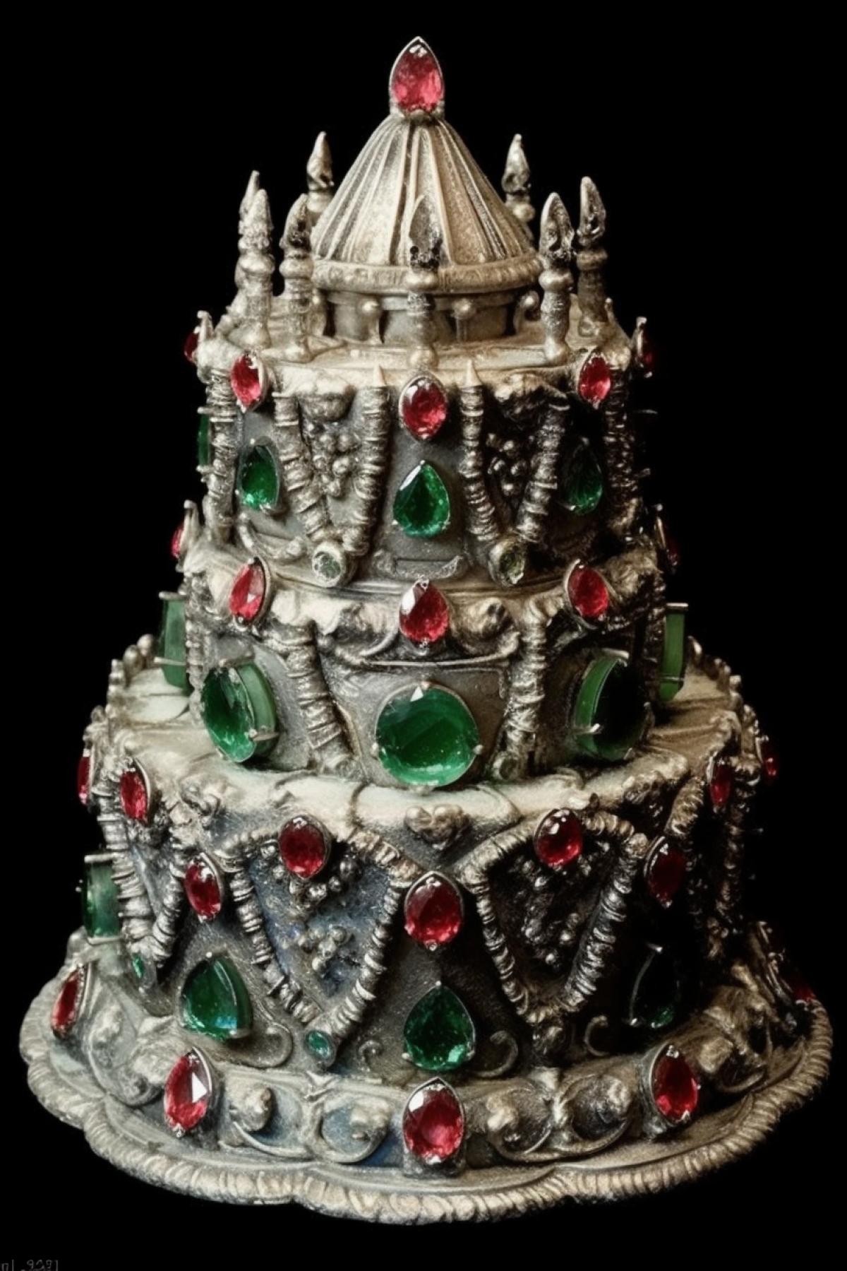 Jewelry cake made of silver with rubies and emeralds