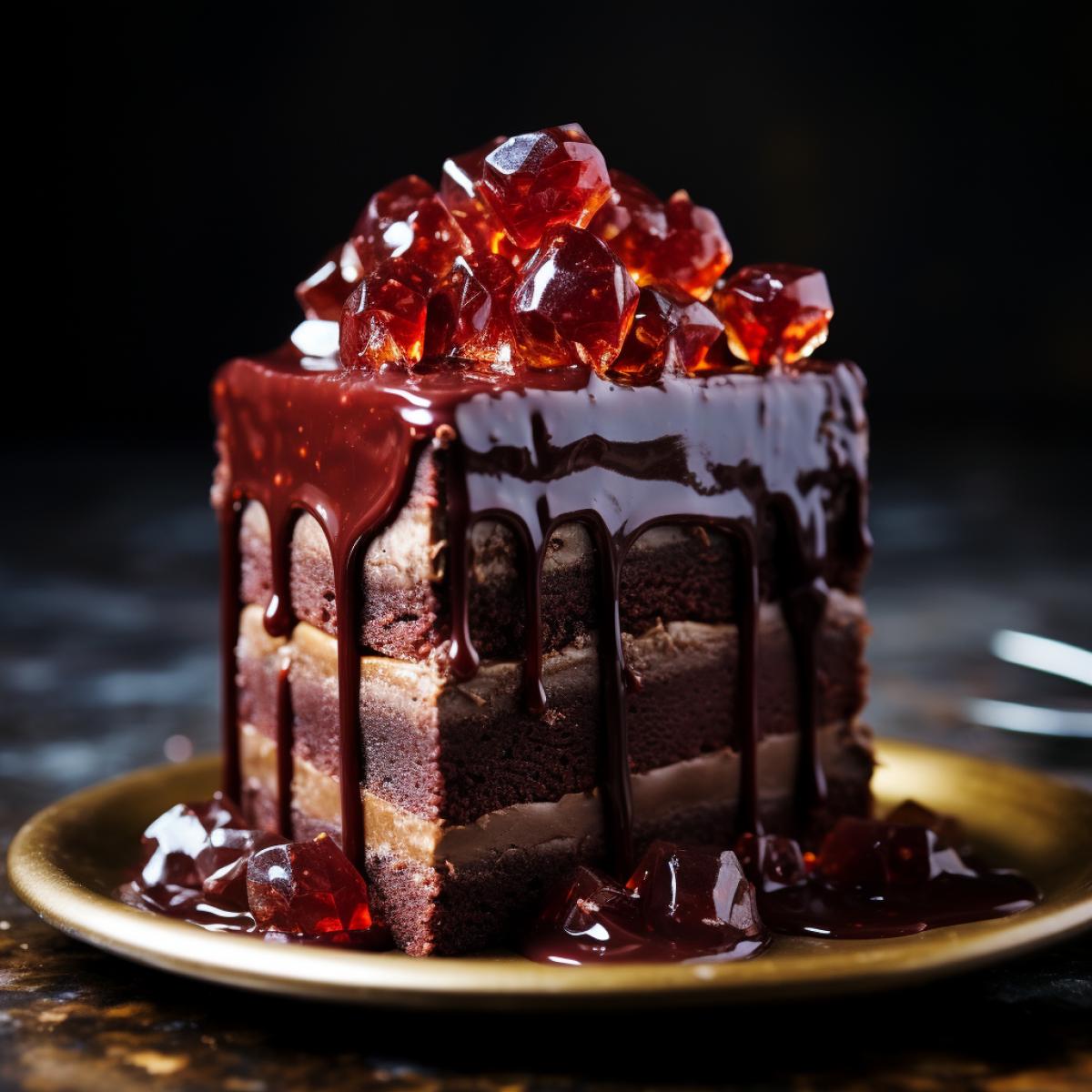 A decadent, ruby studded chocolate cake with layers of rich ganache and a sparkling amber sugar crystal glaze, wide lense, detailed shot, photography, hyper detailed wide lense