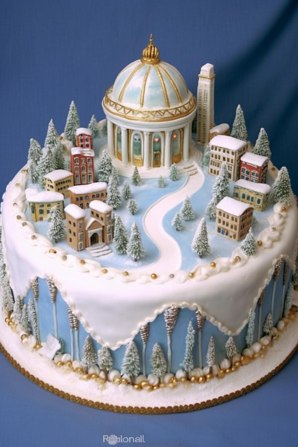 Cake in the shape of a city, elegant, festive
