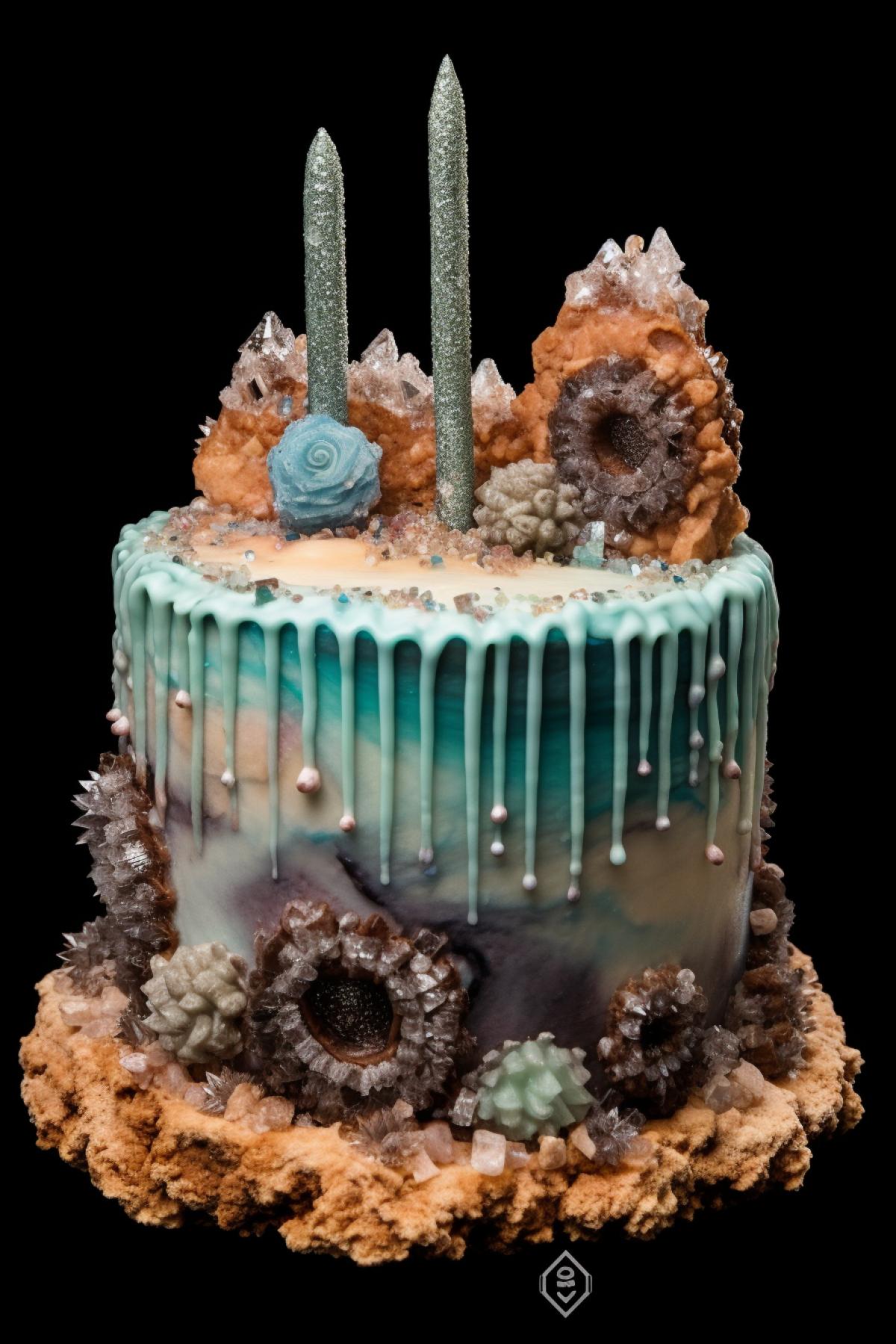 Jewelry cake made of silver with fluorites and kyanite
