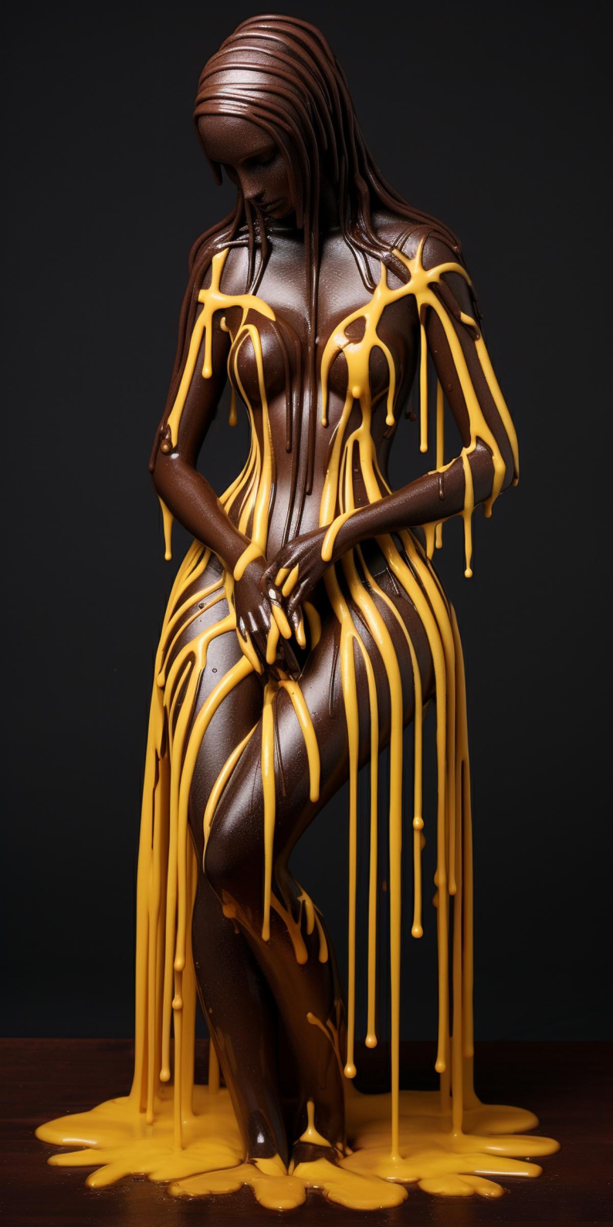 Cake in the shape of a womans body made of bananas drizzled with chocolate, incredible photo, perfect