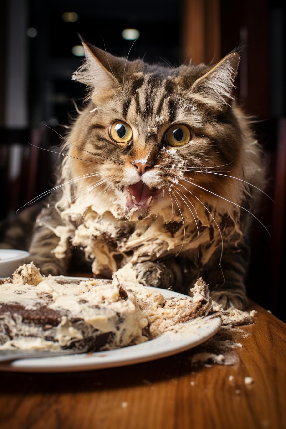 Cat eating cake, face stained in cake, background restaurant kitchen, clear background, good lighting, Nikon camera, no background blurring