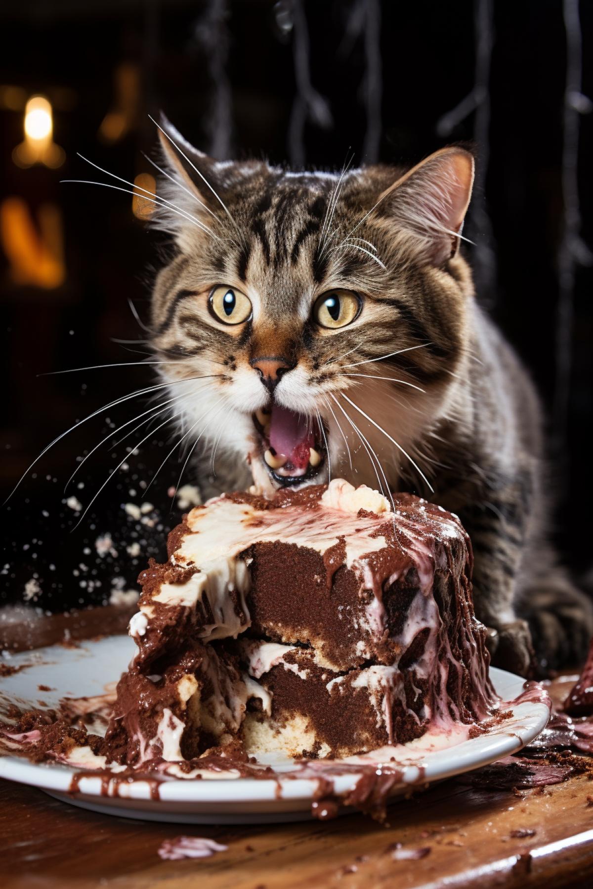 Cat eating cake, face stained in cake, background restaurant kitchen, clear background, good lighting, Nikon camera, no background blurring