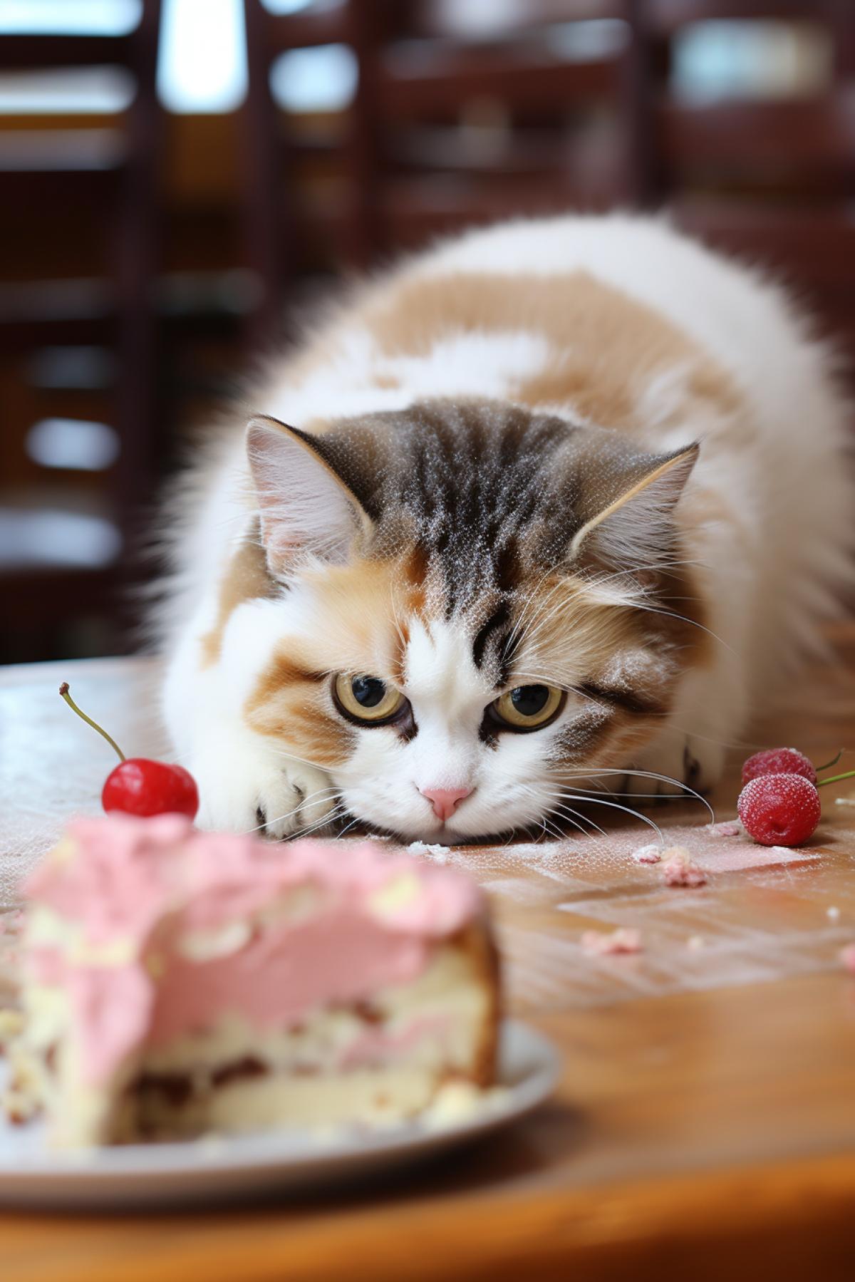 Cat fell face down into cake, background restaurant kitchen, clear background, good lighting, Nikon camera, no blur.