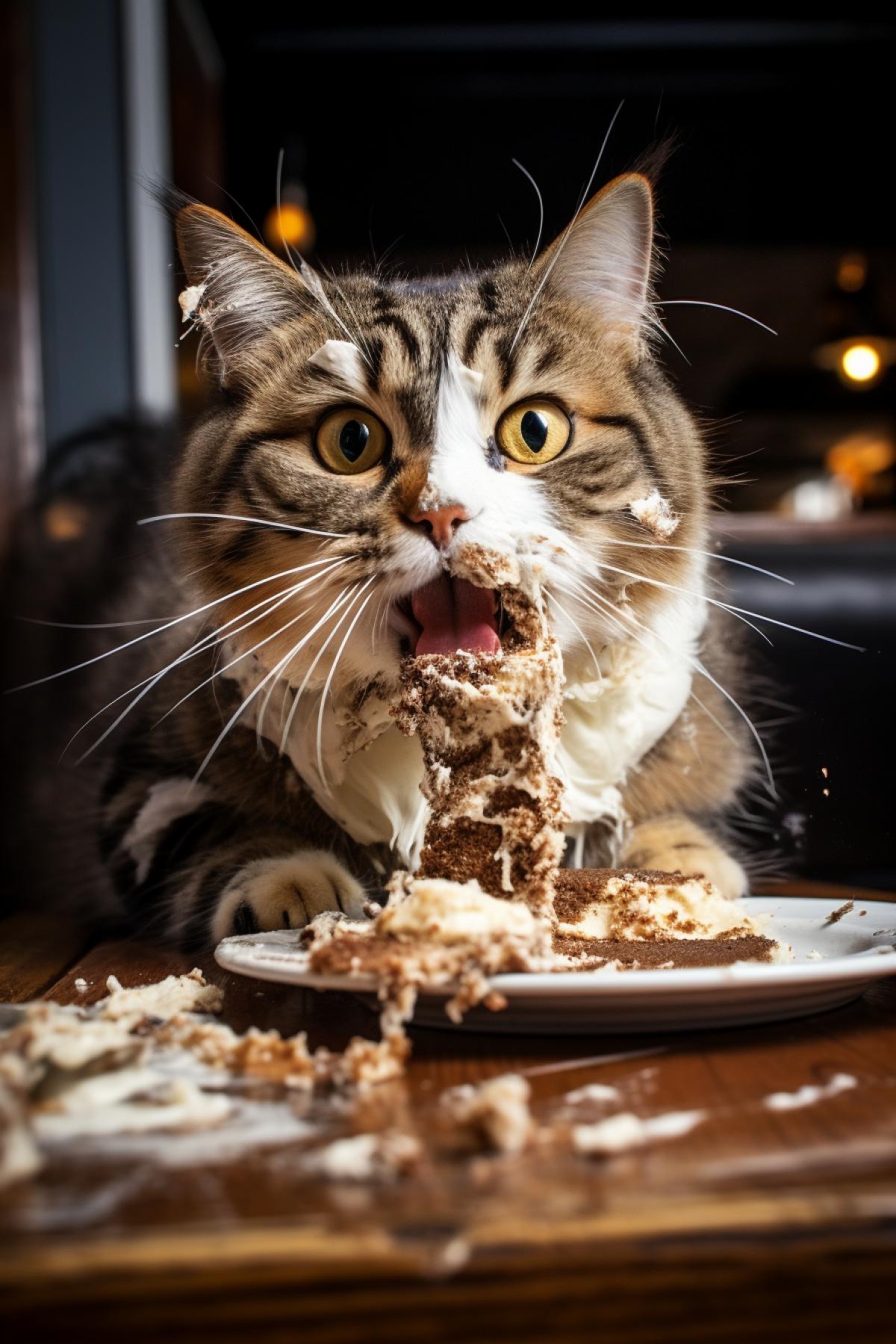 Cat eating cake, face stained in cake, background restaurant kitchen, clear background, good lighting, Nikon camera, no background blurring