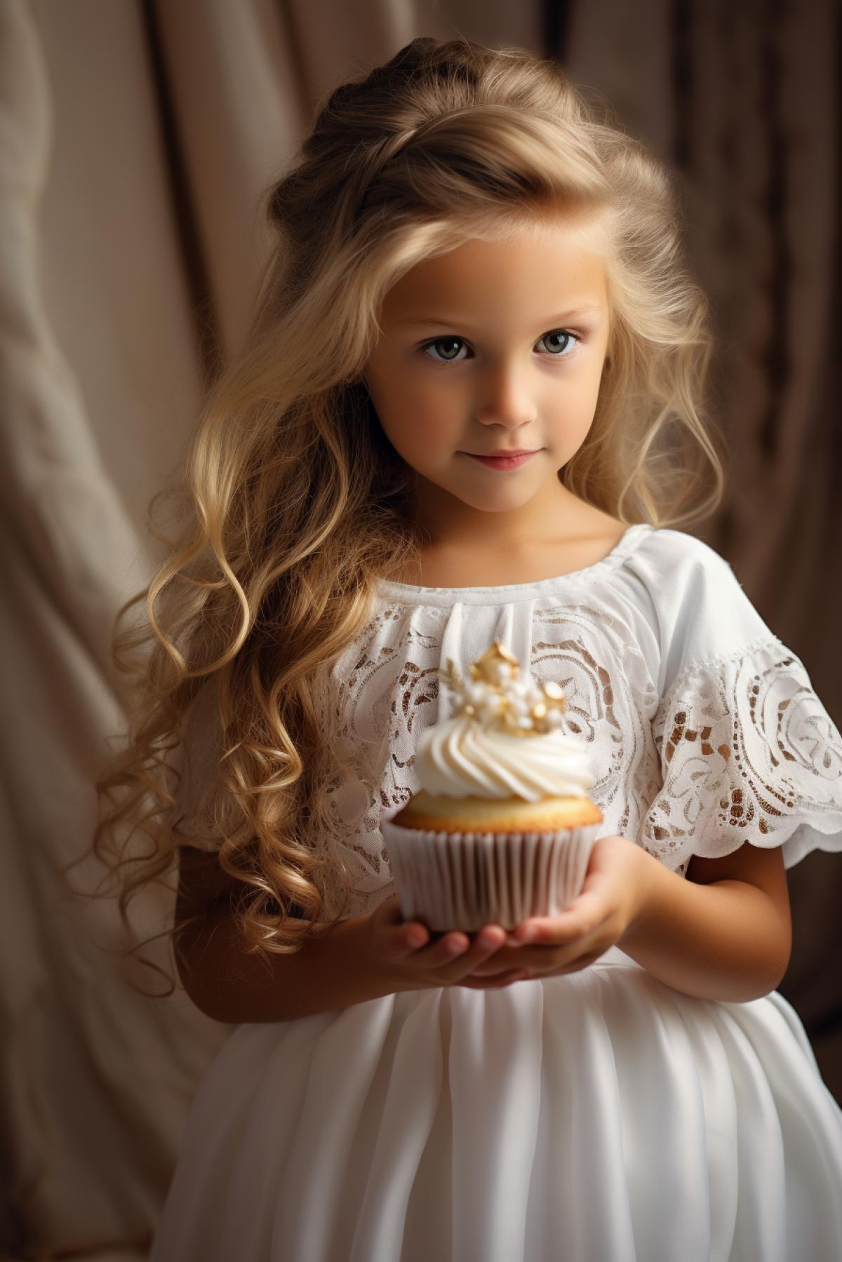 little girl in a white flowing dress, with a cup cake in her hands, high angle shot, side shot, in the style of ultrafine detail, high quality photo
