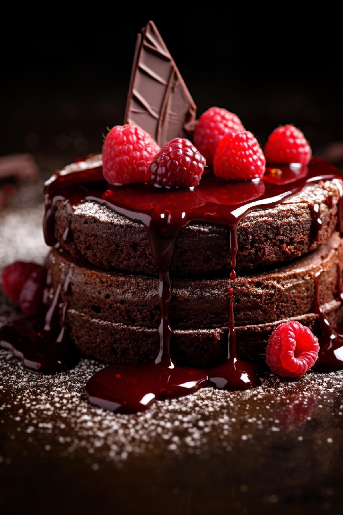 a baked chocolate dessert with drupe and raspberries on top, in the style of wet-on-wet blending, embossed paper, cranberrycore, blink-and-you-miss-it detail, dotted, close-up intensity