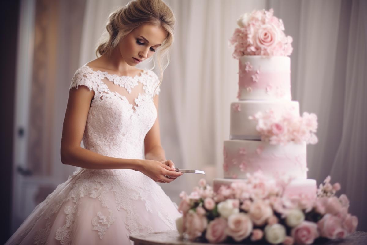 bride breaking her wedding cake with flowers, vintage style, blur background, framing close up to the cake, soft lighting, in the style of ultrafine detail, high quality photo