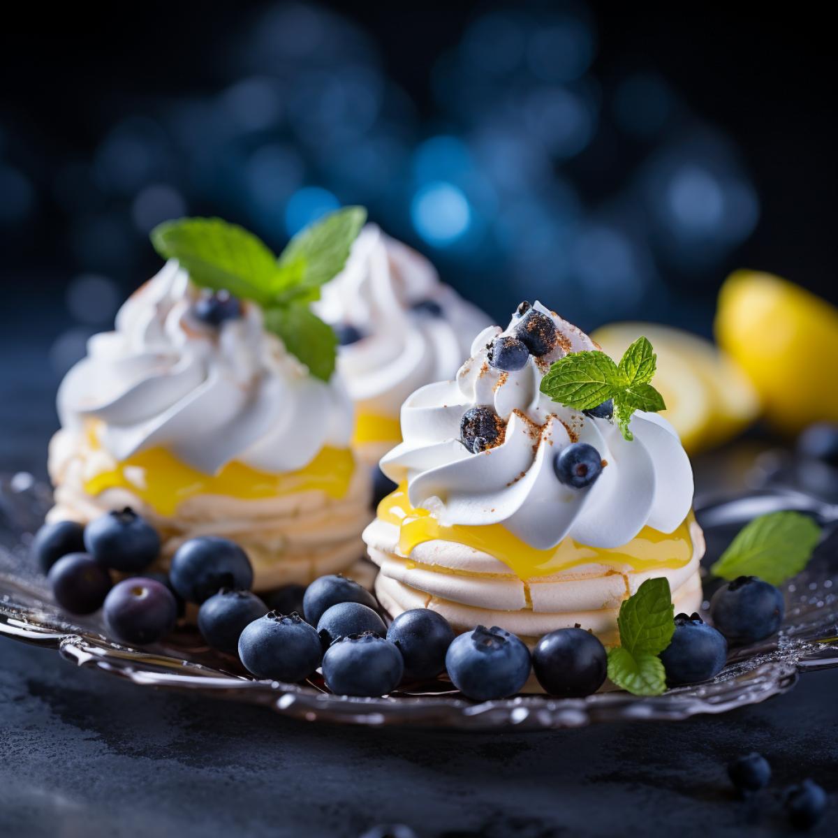 meringue desserts with lemon meringue and blueberries, in the style of bess hamiti, high resolution, associated press photo, stockphoto, jessie arms botke, wimmelbilder, light yellow and light gray