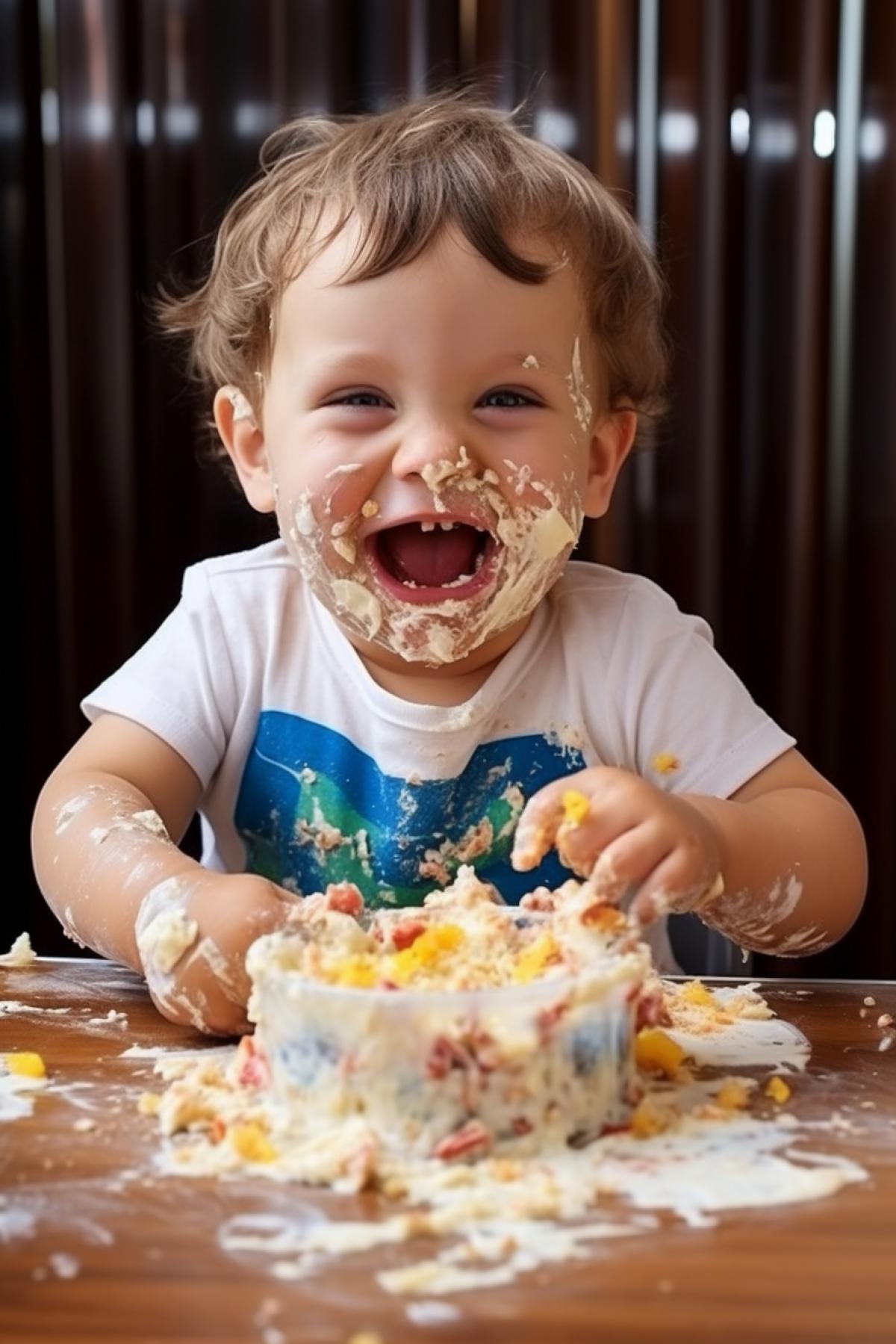 3-year-old funny baby has eaten big creamy cake mess on the table happy face covered with cream and jelly laughing happily awarded photo