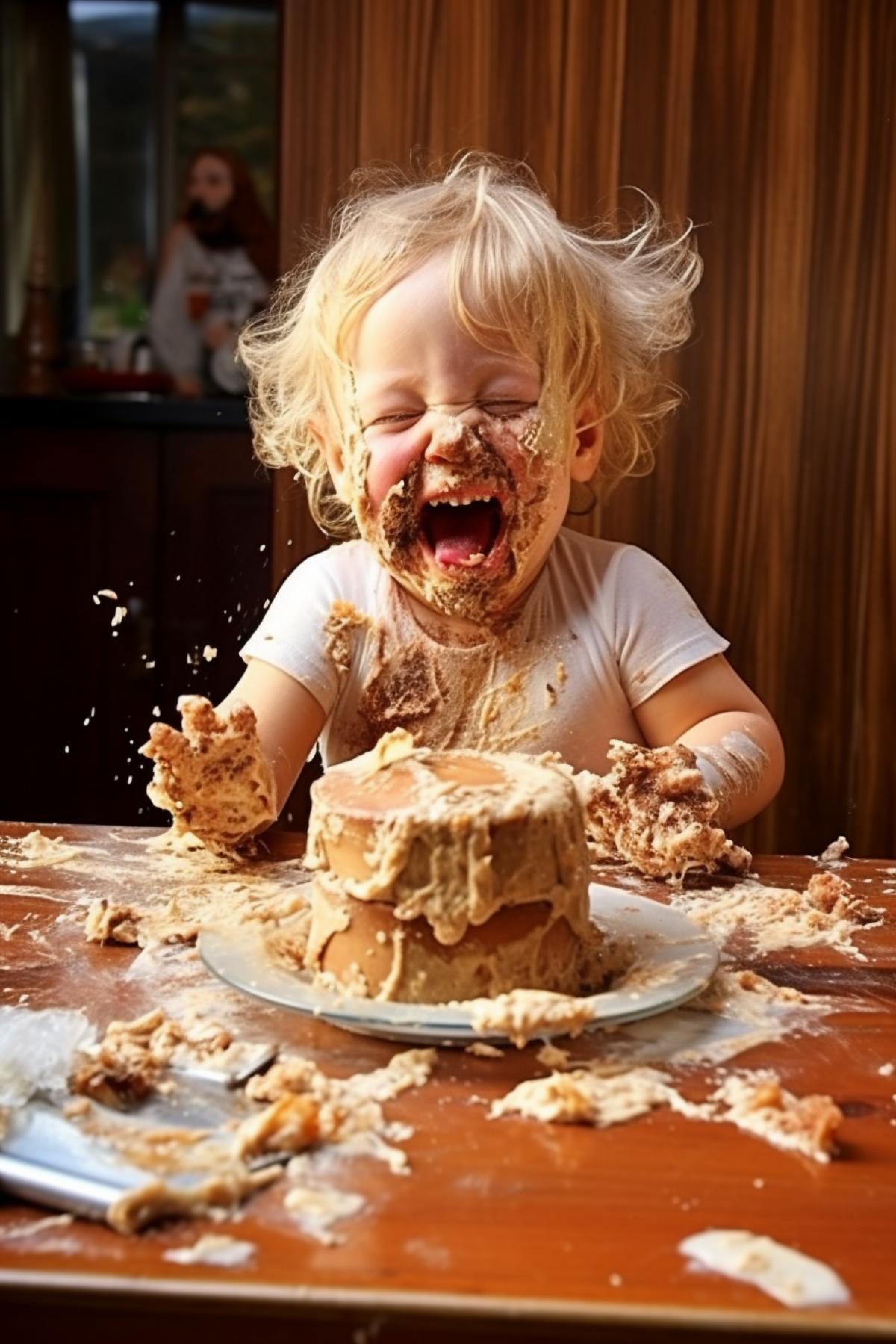 3-year-old funny baby has eaten big creamy cake mess on the table happy face covered with cream and jelly laughing happily awarded photo