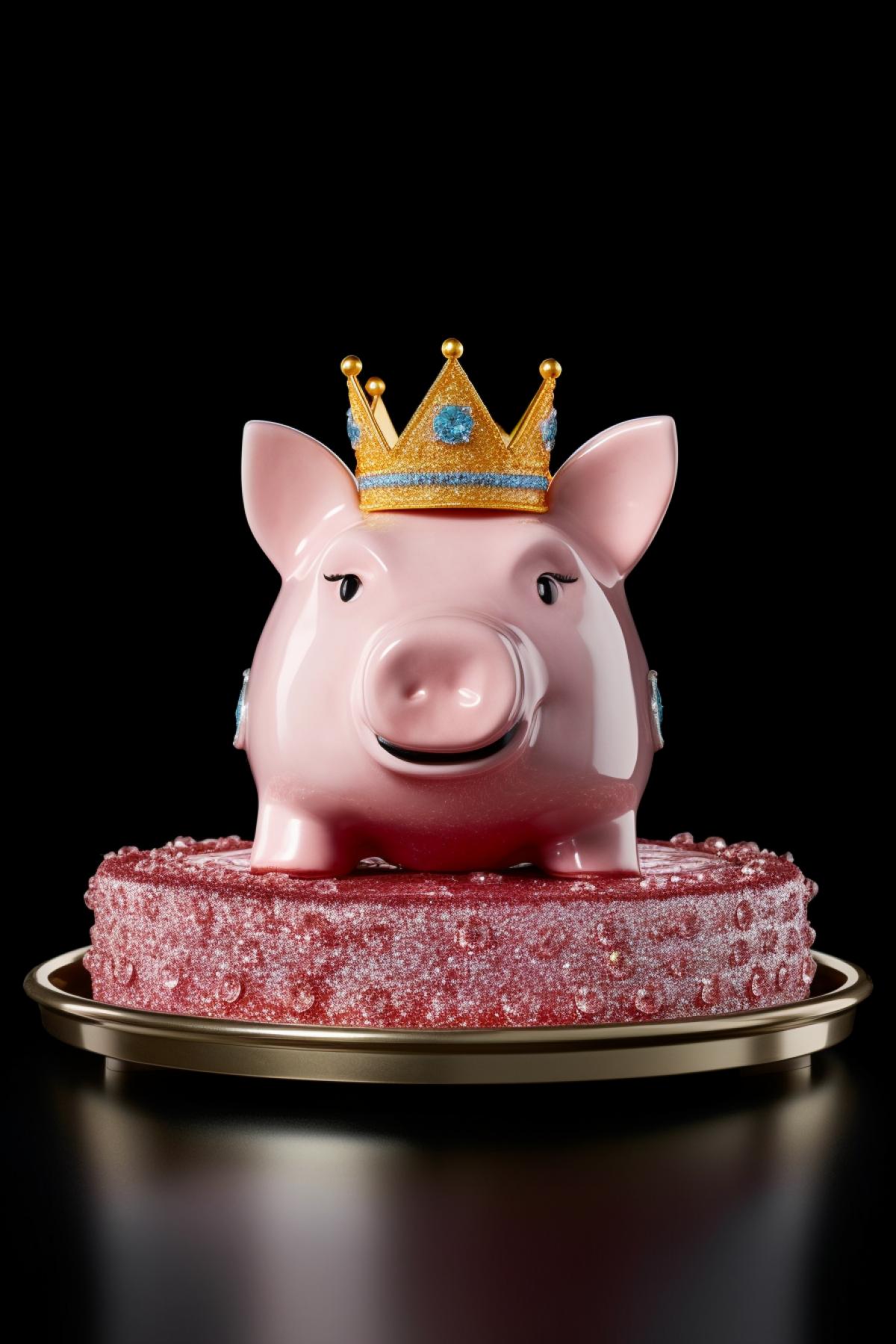 Birthday cake in the shape of a cute pig with diamonds.