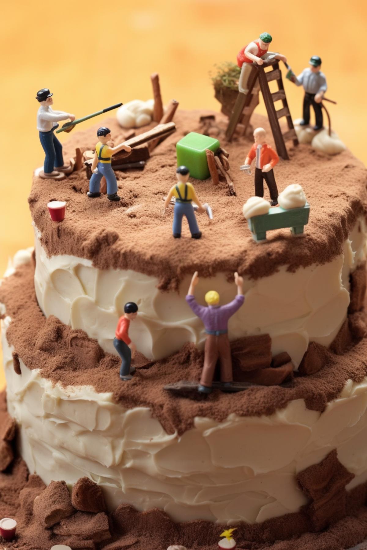 Cake, little people build a cake on top, little people put cream inside the cake