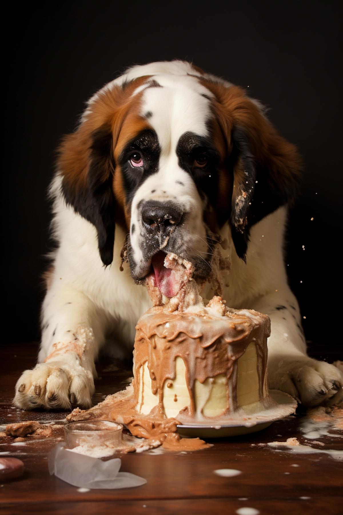 St. Bernard ate cake, got dirty in cream, humor, photorealism