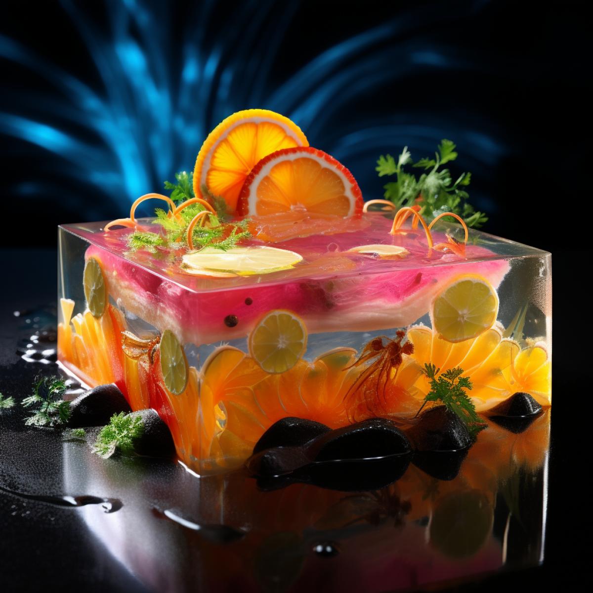 beautiful layered jelly pie with tropical fishes, high dynamic range, wonderful algae as decoration, volumetric lighting, Unreal Engine 5, food professional photo, dark background