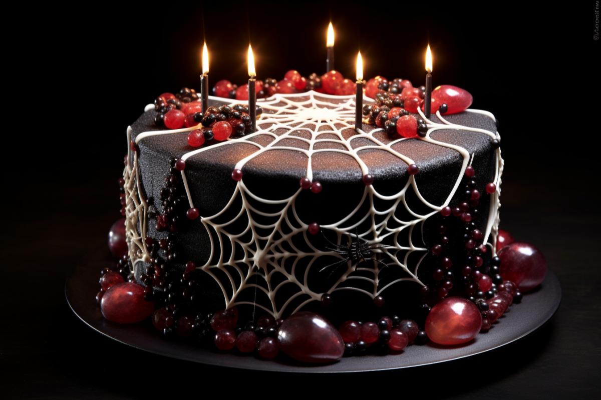 Fairy Web Cake: Edible spider webs and sparkling jewels create a sense of magic and mystery.