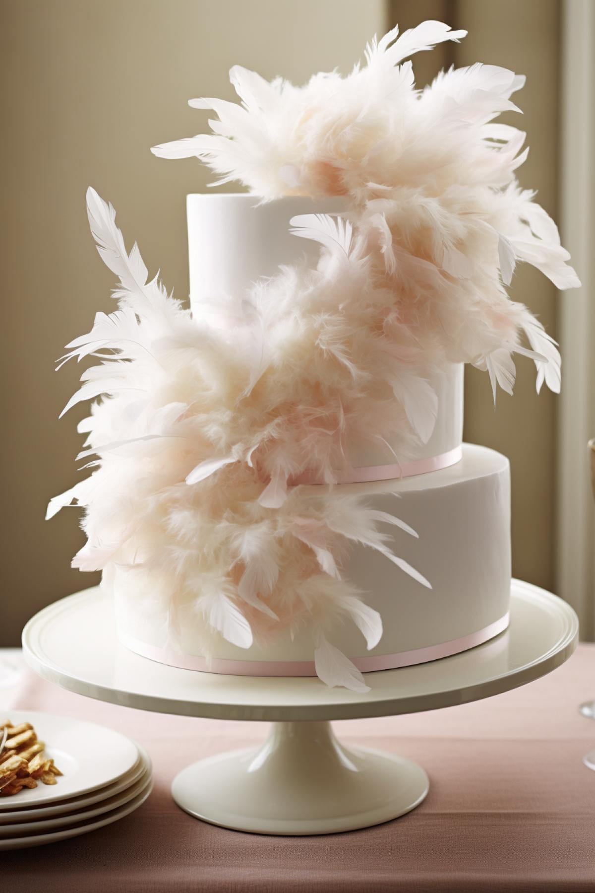 Light as a Feather Cake: Free-flying edible feathers decorate this cake, creating a light, airy feel.