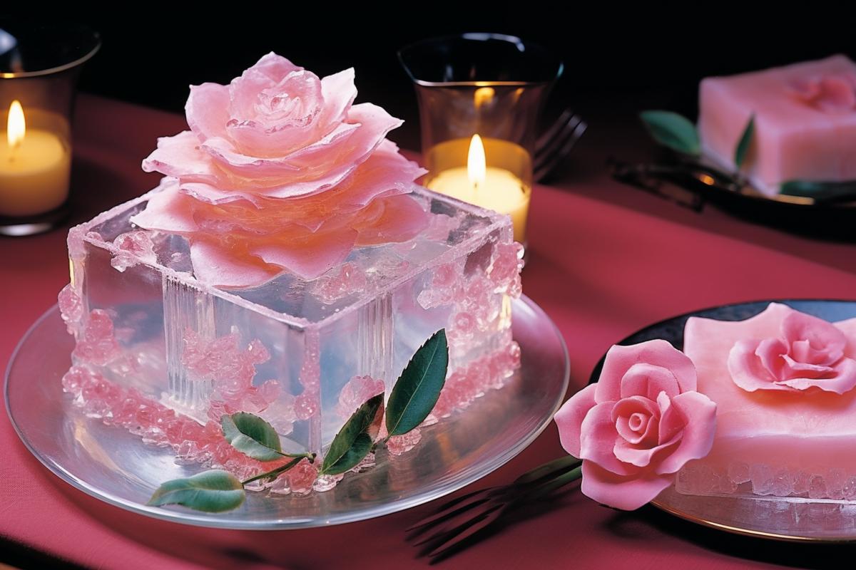 Crystal Rose Cake: This cake is decorated with a delicate rose made of clear sugar to create an impression of crystalline beauty.
