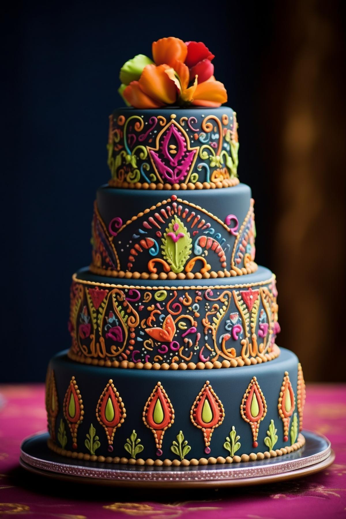Indian Motif Cake: This cake is decorated with colorful edible Indian designs to give the impression of an Indian sari.