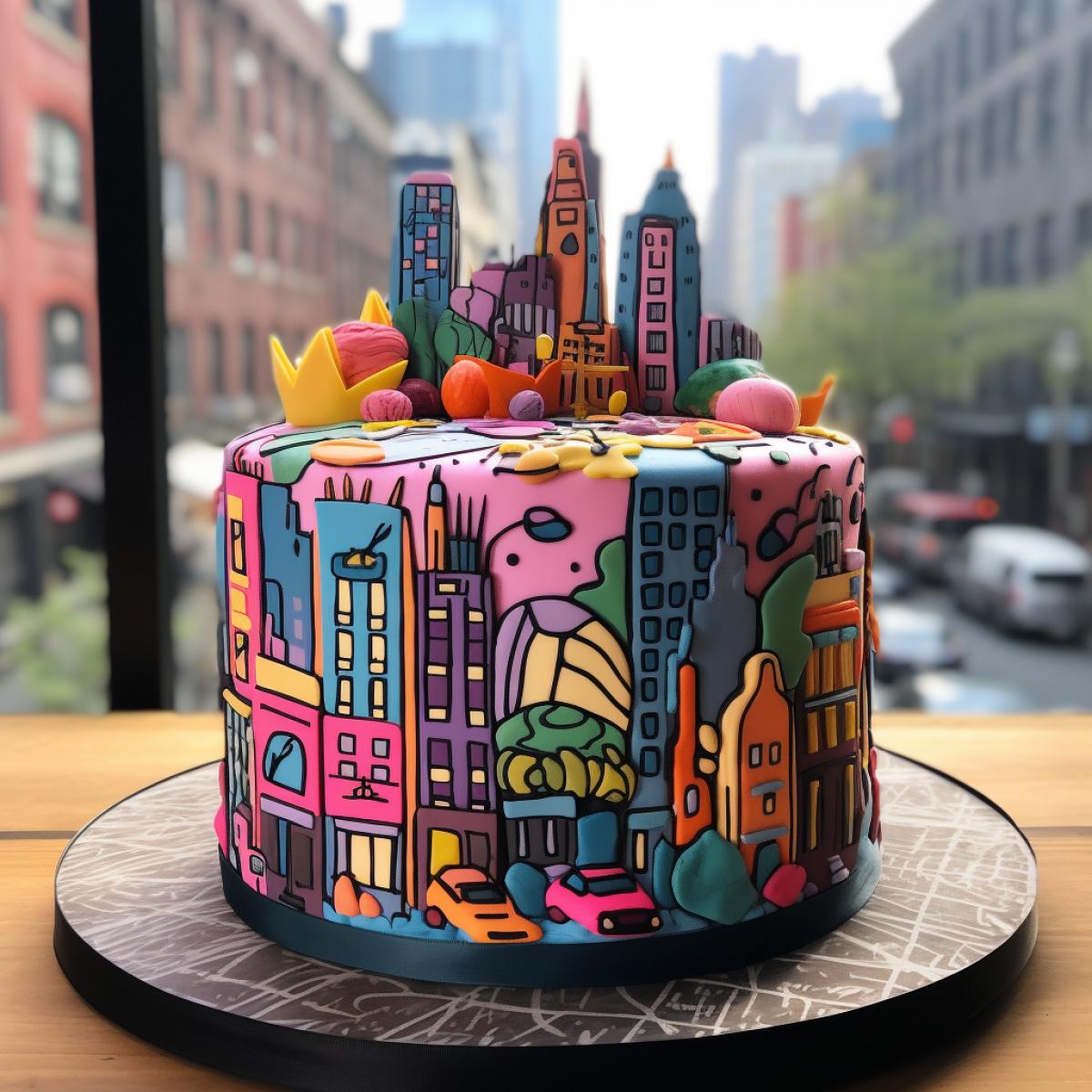 big colorful cake with a City design