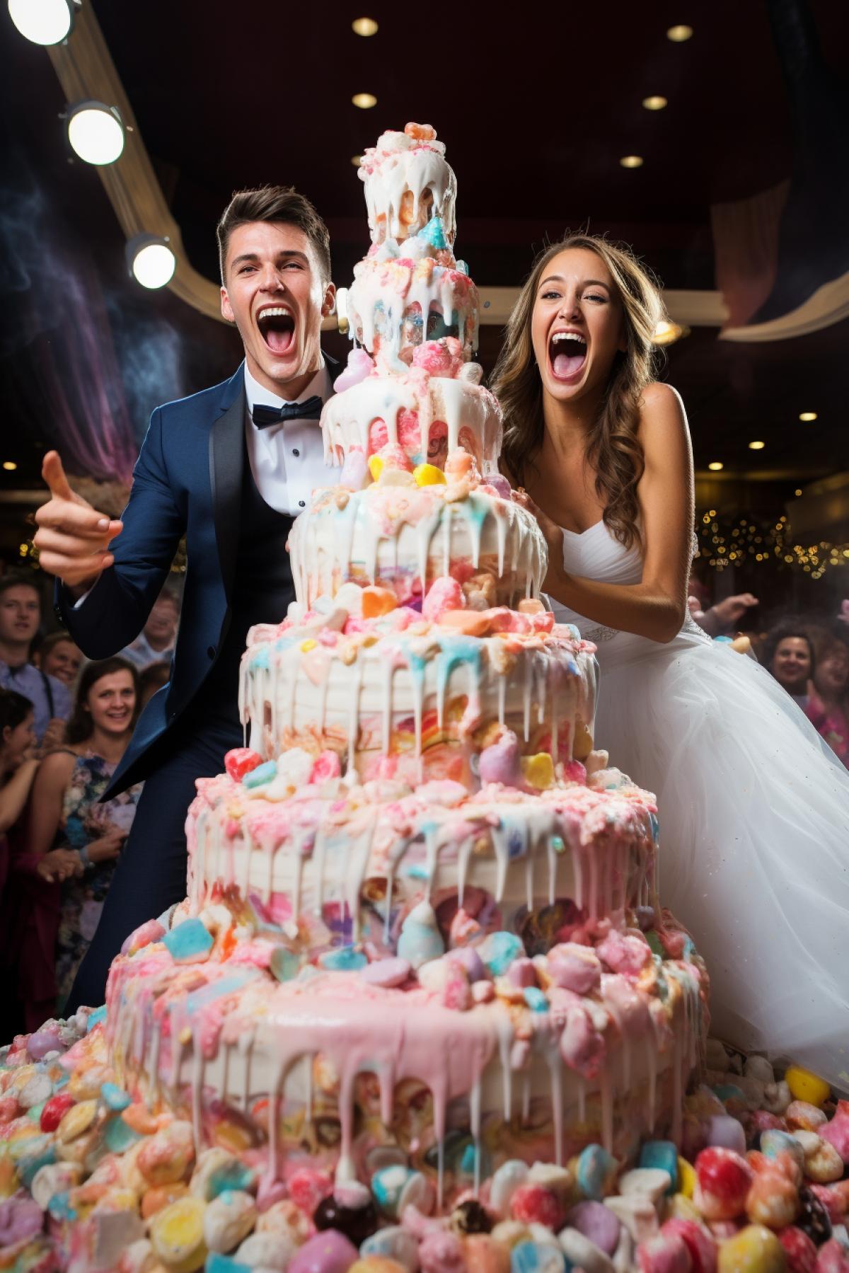 Happy just married couple and guests around the biggest delicious tasty wedding cake cream multicolour jelly jellied fruit merengue happy smiles love awarded photo gastronomic photo gloss shine for Vogue review