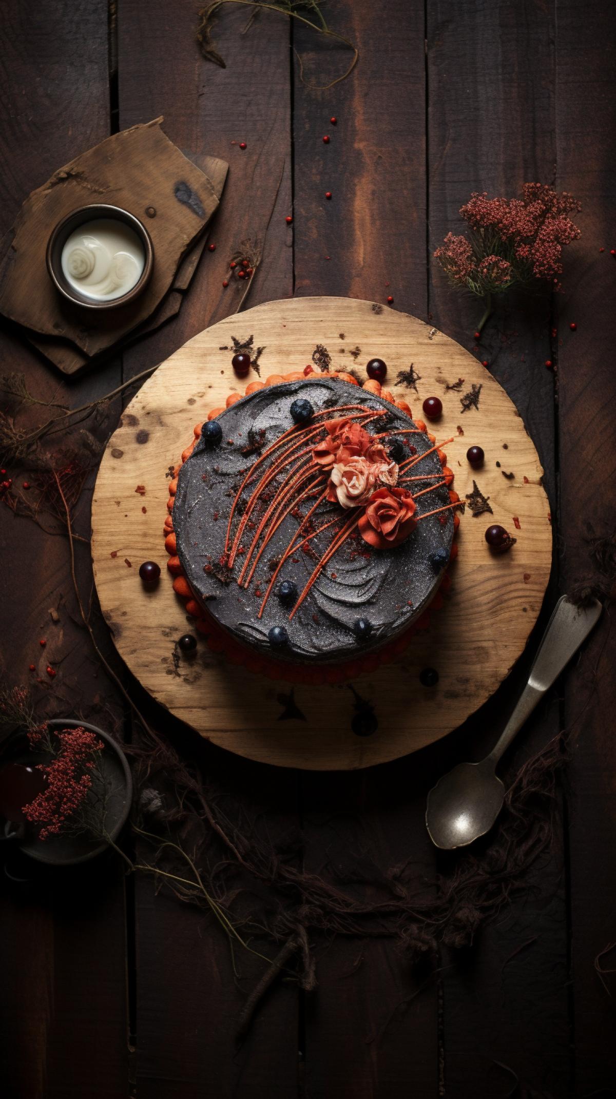 Cake for Malifisenta, top view, high resolution photo, deep colors, dark wood tabletop background