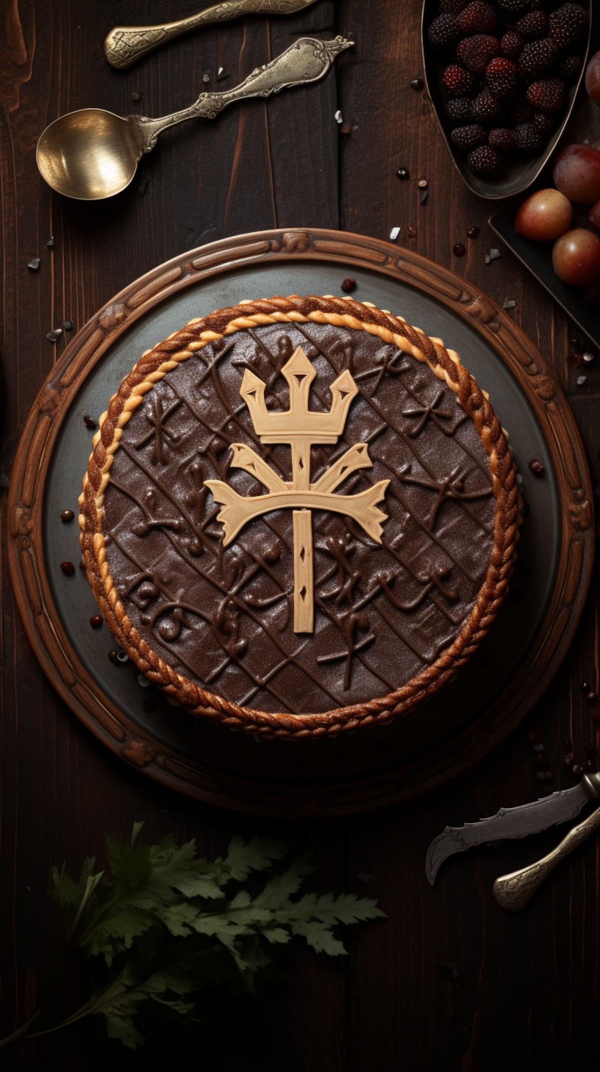 King Arthur cake, top view, high resolution photo, deep colors, dark wood table top background
