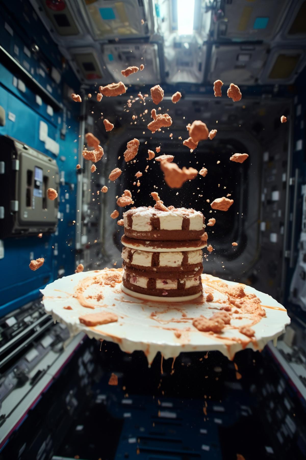 Cake flies in zero gravity aboard a space station