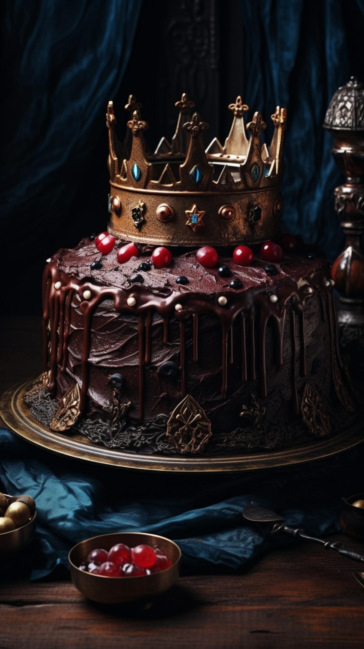 King Arthur cake, high resolution photo, deep colors, dark wood table top background