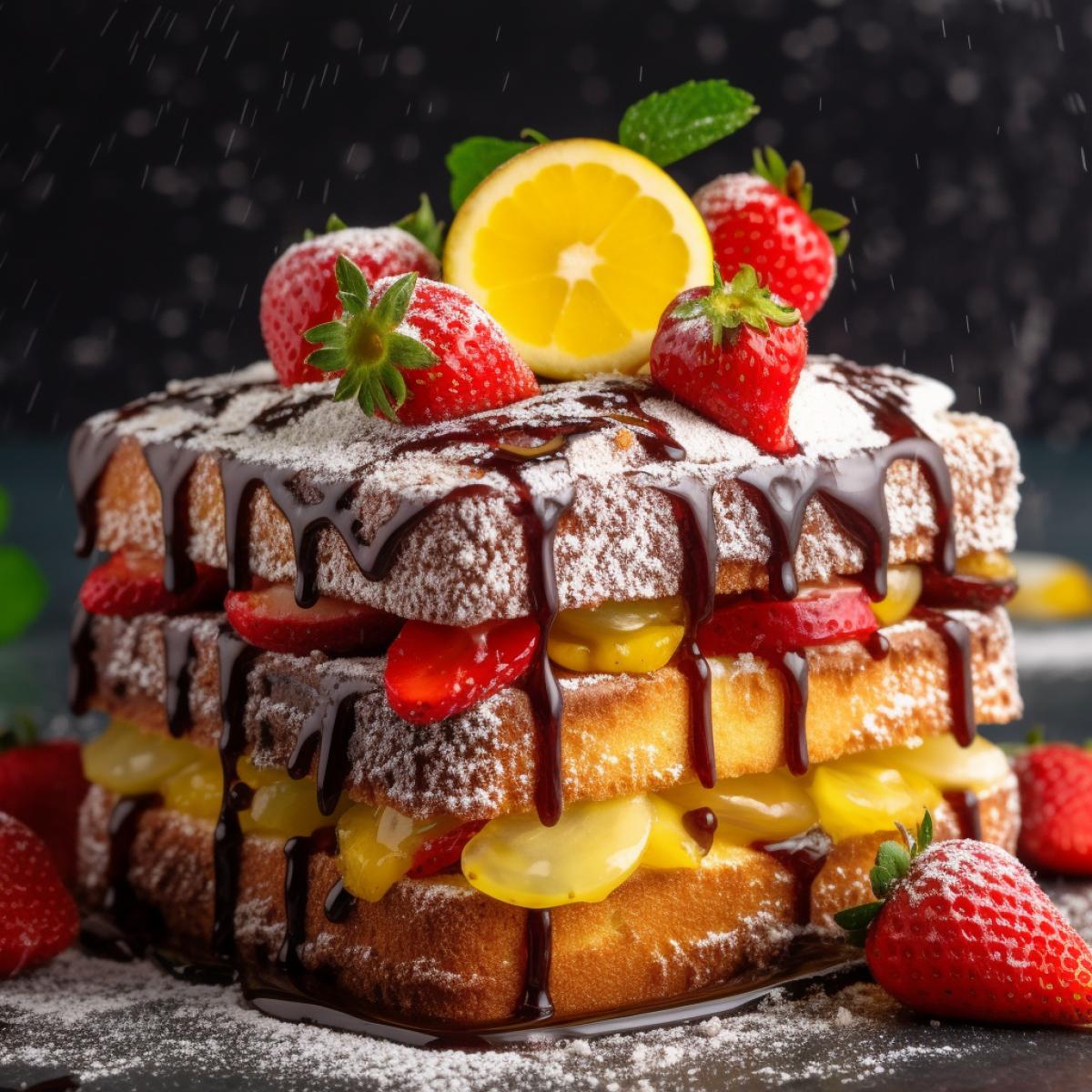 large unusual lemon cake, powdered sugar, lemon, strawberry, chocolate, delicious and bright colors, light background