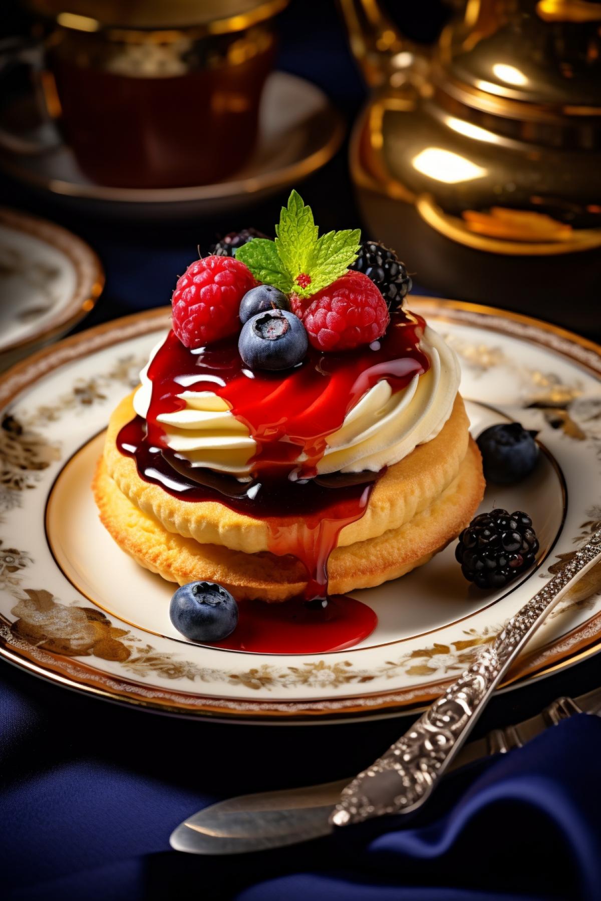 А slice of tasty delicious tart fluffy biscuit texture strawberry jam yellow castard served on exclusive desert saucer decorated with hot caramel and fresh blueberries accompanied with tea in glteapot candles golden forks velvet tablecloth gastronomic professional light high quality realistic awarded photo for gastronomic review magazine