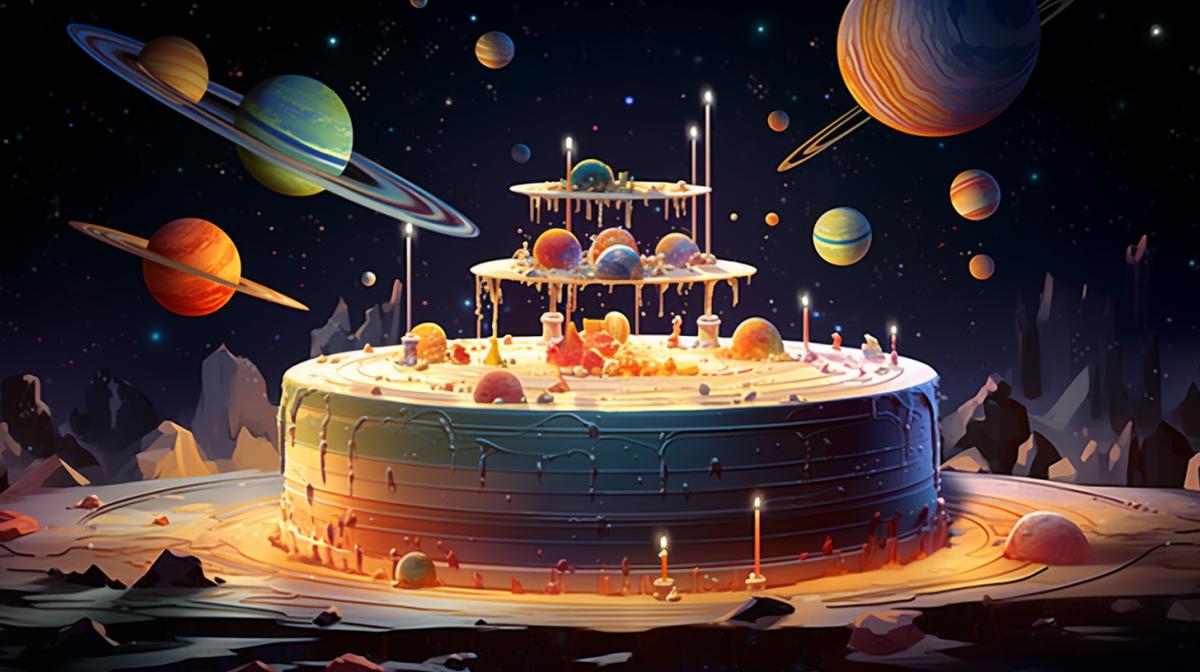 Draw a cake by name “Picnic on the side of the universe”, a cake in a space futuristic style