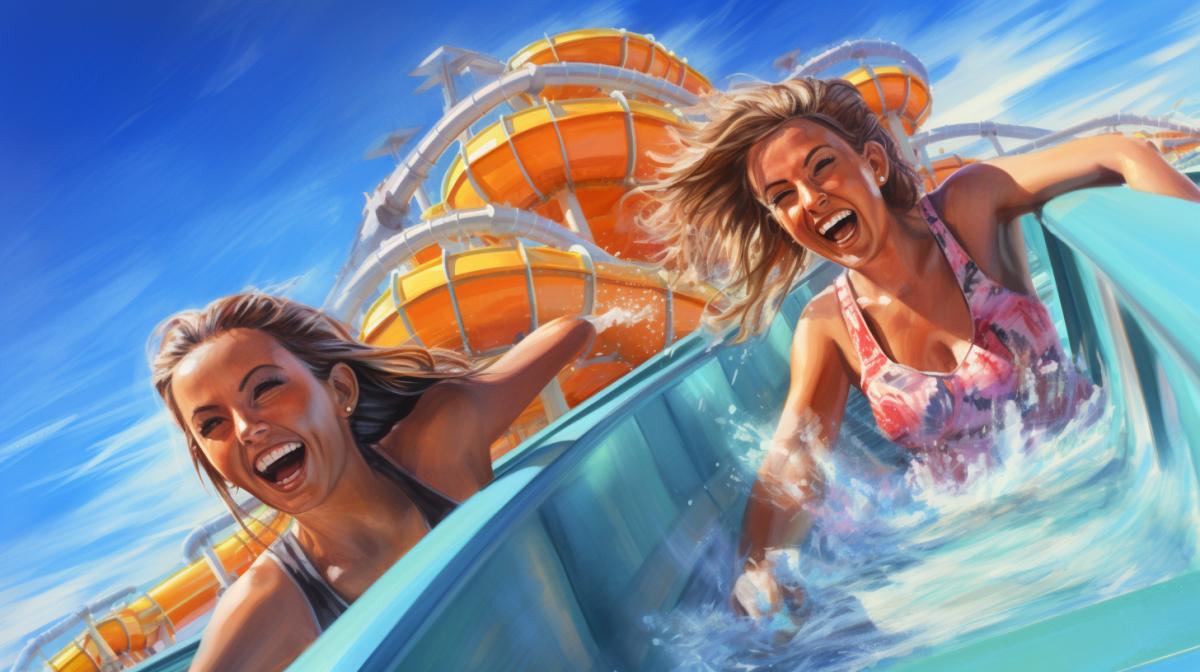 young women having fun in a water park, water slides, Ivan Shishkin, Donato Giancola, Greg Rutkowski, Pencil sketch, Cinematic vivid beam, Ultra realistic, Stunning, High detail, Sharp focus, Epic, Subsurface scattering, Rule of thirds, Chromatic aberration, Global illumination, unique, perspective, pencil sketch