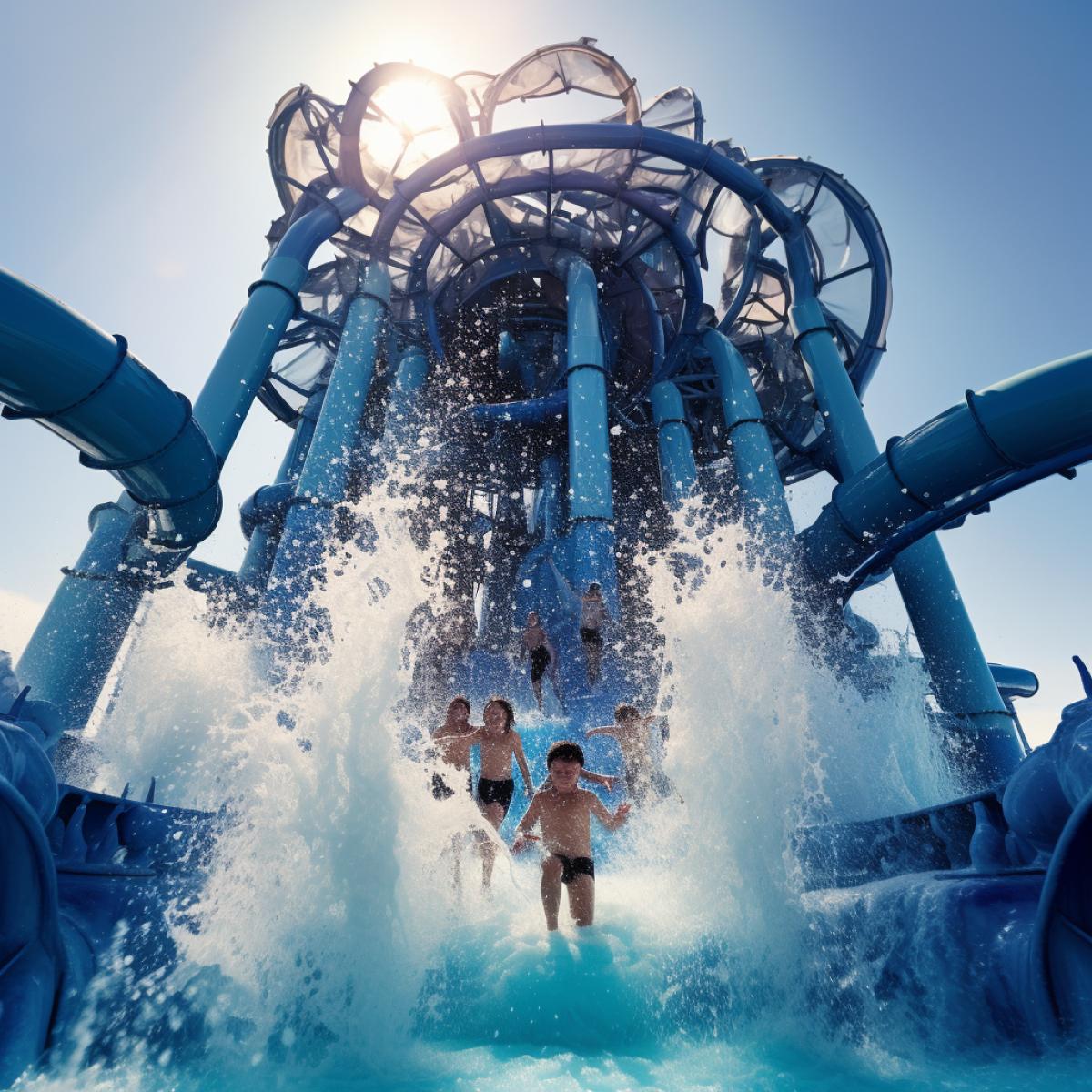 This photograph captures people plunging from slides with sharp curves into a massive whirlpool. Water splashes around them, creating a cascade of droplets in various shades of blue, from sky blue to deep navy. Their faces are full of joy, amazement, and anticipation