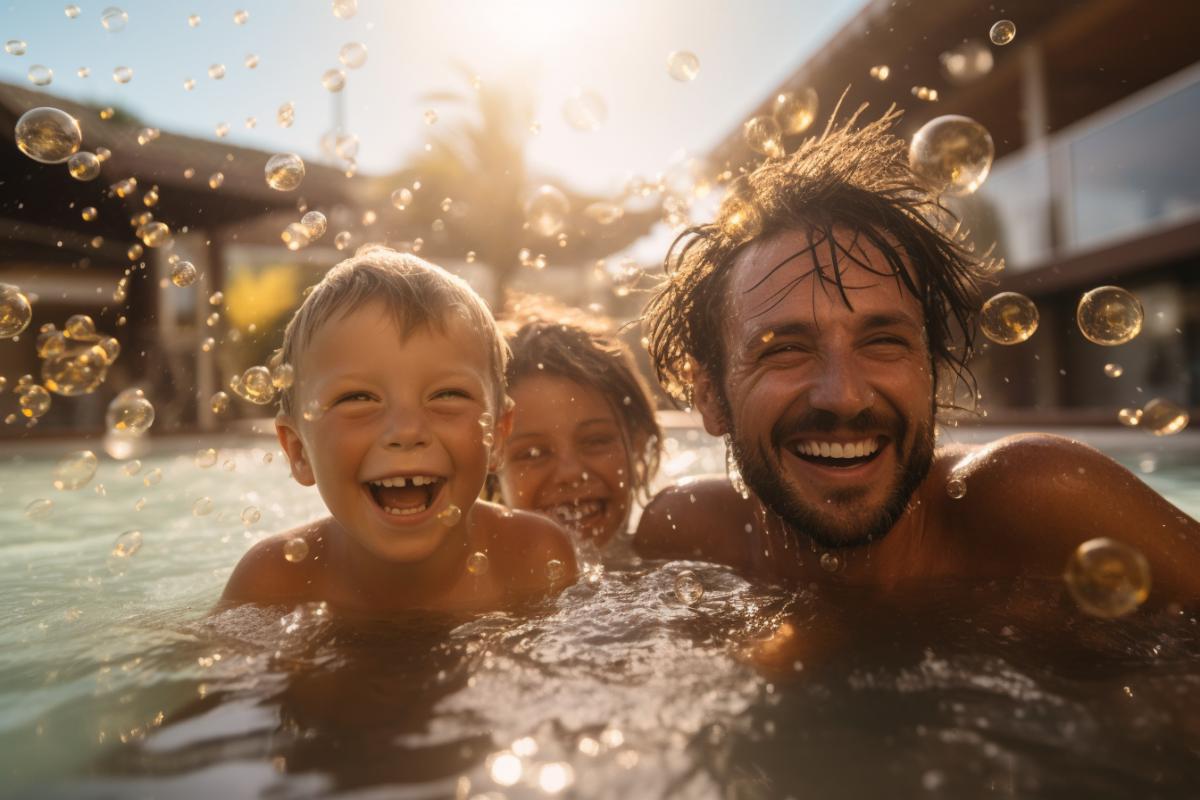 In this photograph, a family in luxurys with smiles on their faces is playing in the pool. Water splashes and forms numerous white and transparent droplets, reflecting the bright sun. The faces of children and parents sparkle with happiness and enjoyment
