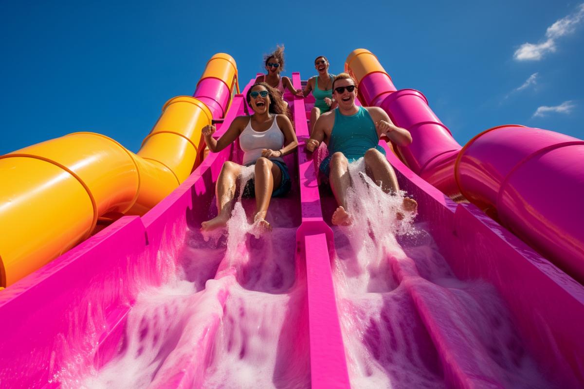 A group of friends in vibrant luxurys is competing on a multi-chute slide. Their expressions range from concentration to enthusiasm as they aim to outdo each other on the way down the colorful slides. Water streams frame them, creating picturesque scenes of speed and competition