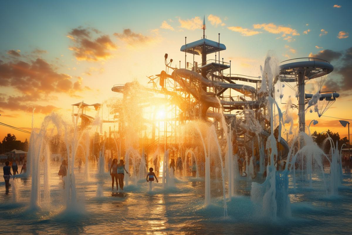 The photo captures a magical moment when the setting sun shines through numerous water sprayers. The light creates an atmosphere of enchantment, enveloping the water park in soft rays and harmonizing water, sky, and the sun